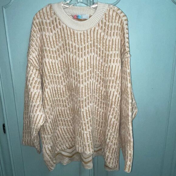 Free People Beach Oversized Grandpa Sweater XL Womens Tan Blush Pullover Crew - Picture 2 of 7